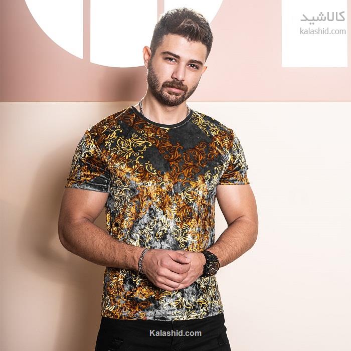 خرید تیشرت مخمل مردانه طوسی مدل malek